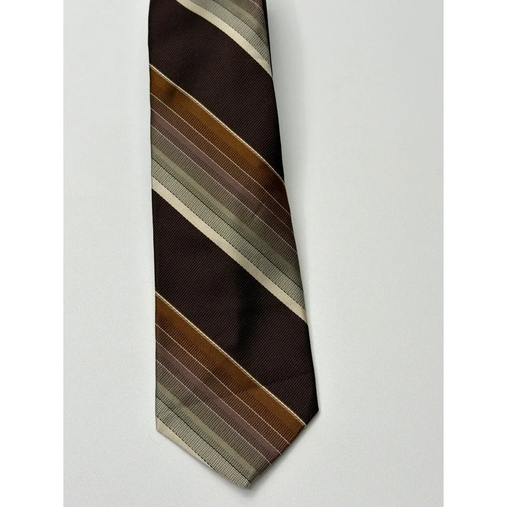 Lanvin Paris Mens Silk Necktie‎ Brown Tan Olive Green Striped Vintage Designer
